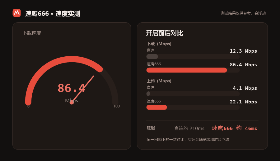 速鹰666加速器速度实测示意图，开启前后的下载速度和延迟对比条形图，数据仅供参考